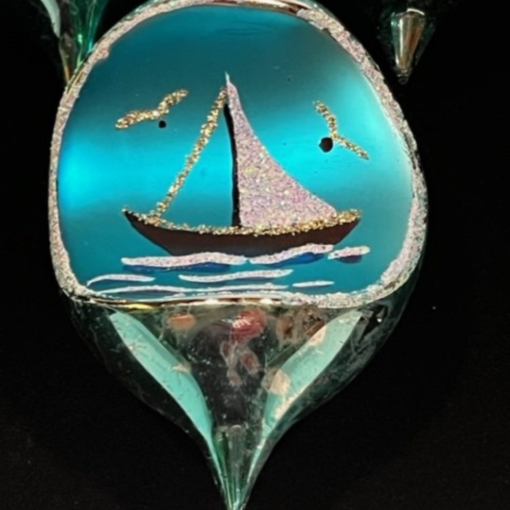 Set of  5 Vintage Christmas Hand painted Glass ornaments baubles sailboats ocean